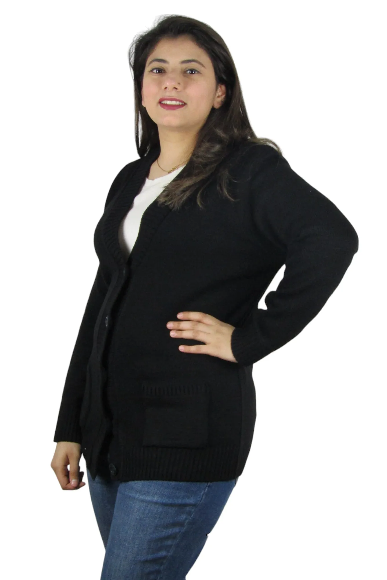 Womens Plain Long Sleeve Open Front Knitted Button Cardigan Pocket Sweater Top