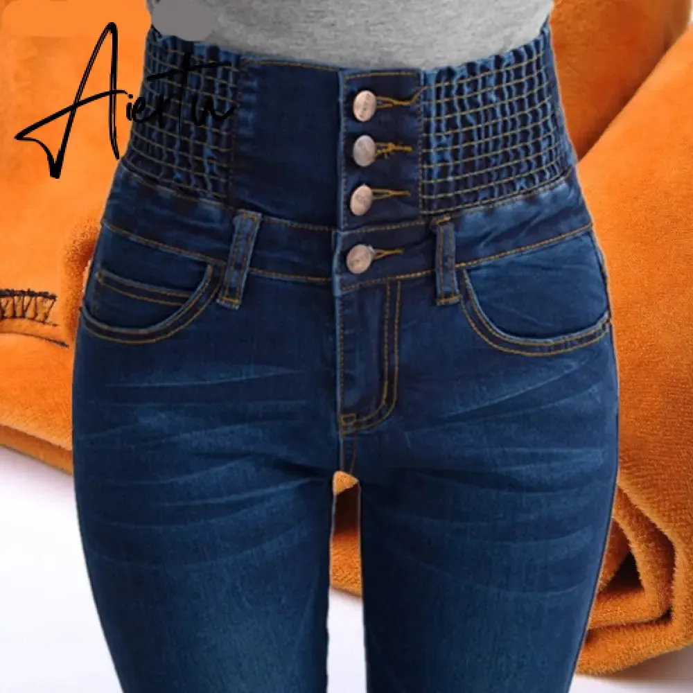 Womens Winter Jeans High Waist Skinny Pants Fleece /no velvet Elastic Waist Jeggings Casual Plus Size Jeans For Women Warm Jeans